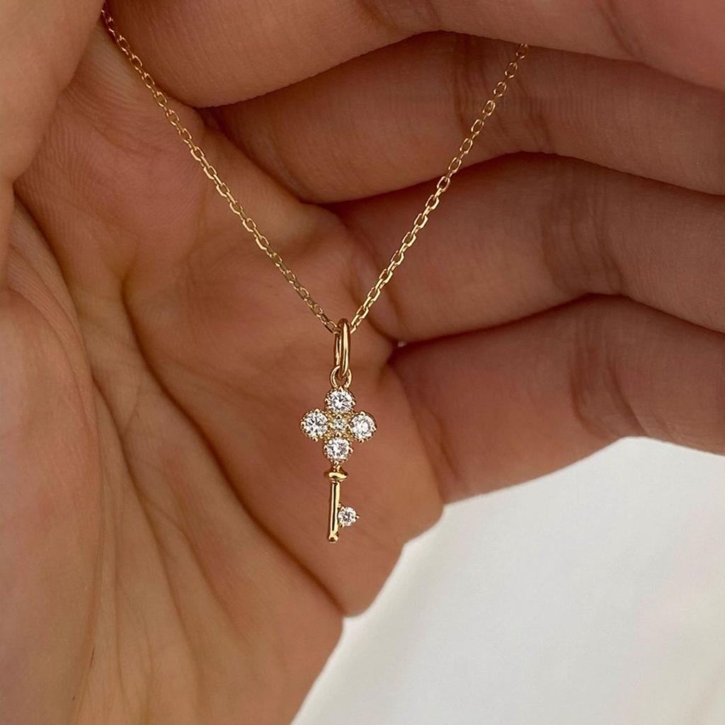 925 Sterling Silver 18K Gold Plated Key Necklace, Dainty CZ Key Pendant Choker, Minimalist Hypoallergenic Jewelry for Women