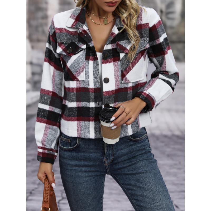 Autumn and Winter Women's Plaid Shirt Lapel Pocket Fashion Casual Short Plaid Jacket