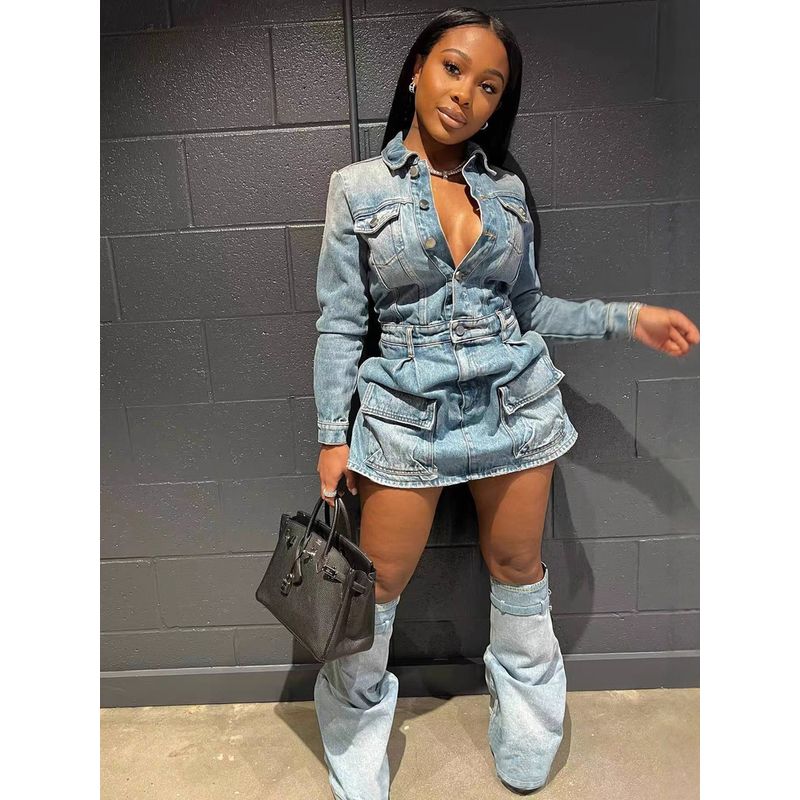 

Amazon Европейский и американский женский сексуальный комплект с несколькими карманами, выстиранный деним, облегающее платье, брюки, джинсовое платье Trouser leg XXL