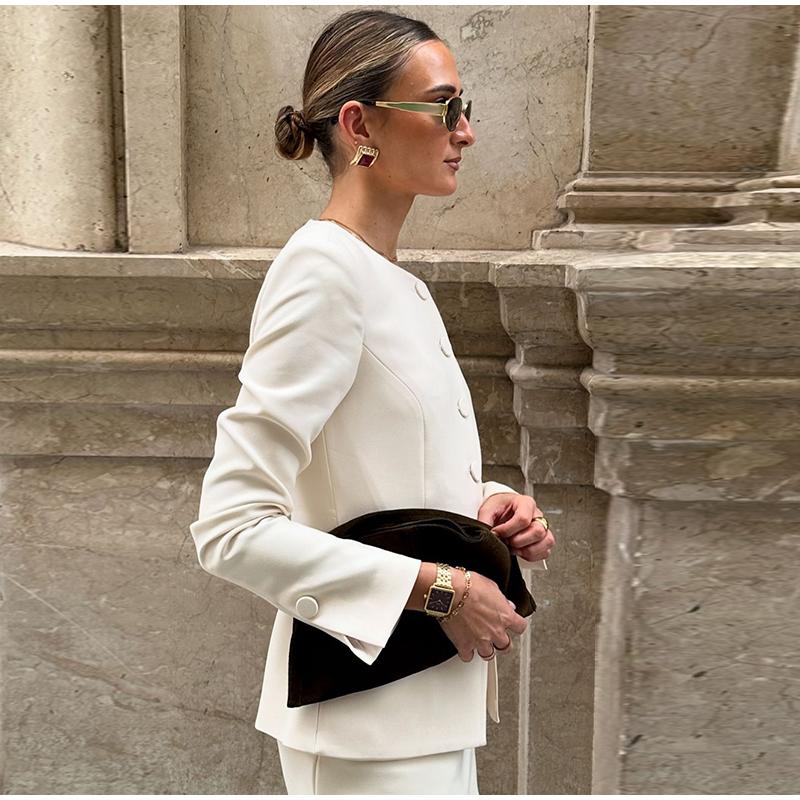 Elegante einreihige Blazer-Sets für Damen, einfarbig, O-Ausschnitt, langärmelige Jacke, Mini-A-Linien-Rock, 2025 Frühling Herbst Damen Büro-Outfits