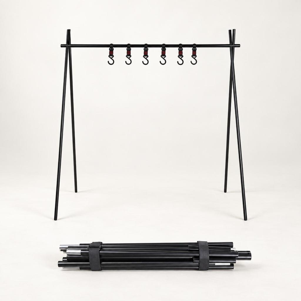 Foldable Camping Rack with Hanging Hooks Compact Triangular Freestanding for