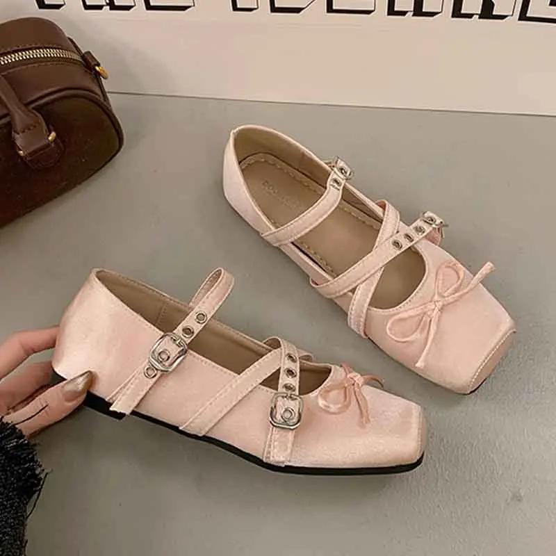 

Модные балетки женские туфли для балета с квадратным носком дизайнерская обувь повседневные сандалии с бантом 2025 лето обувь для ходьбы платье zapatillas de mujer 35 розовый