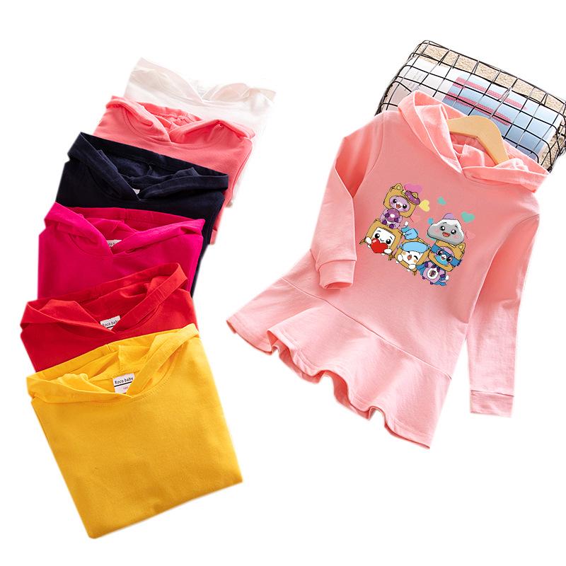 2026 Spring/Autumn Girls' Ruffle Rainbow Cartoon Hooded Long Sleeve Sweatshirt Dress