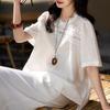 Women Elegant Loose Short Sleeve Round Neck Lace Patchwork Solid Blouse