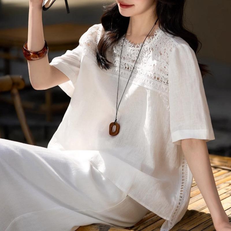 Women Elegant Loose Short Sleeve Round Neck Lace Patchwork Solid Blouse