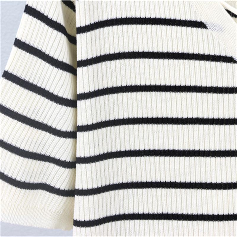 Women's Summer Short Sleeved Casual Knitted Striped Dress Tassel Mid Length Dress