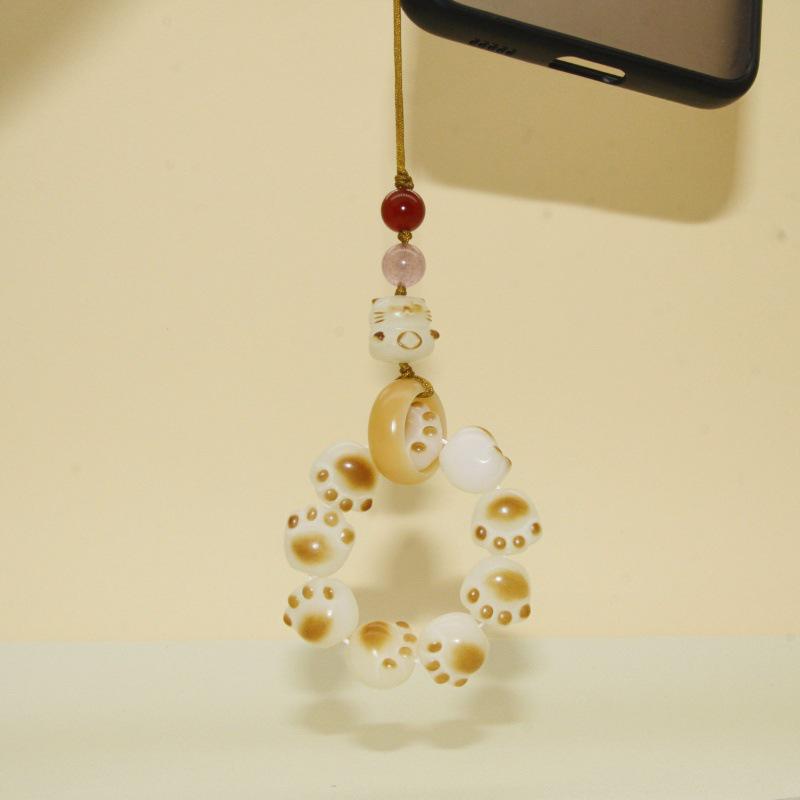 White Bodhi Cute Cat Paw Charcoal Phone Charm - Women's Lucky Cat Lanyard & Ring Pendant