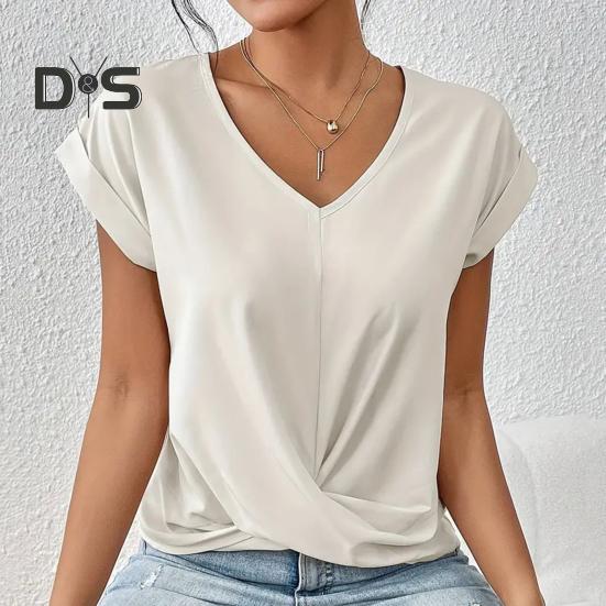 Summer Women Short Sleeve V Neck Shirts Solid Color Casual Breathable Top Versatile Fashion Blouse for Jeans Skirts