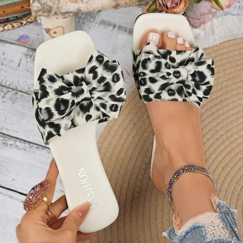 Fashion 2025 New Ladies Shoes Open Toe Women's Slippers Fashion Leopard Print Butterfly-knot Plus Size Best Seller Light Flat Slippers