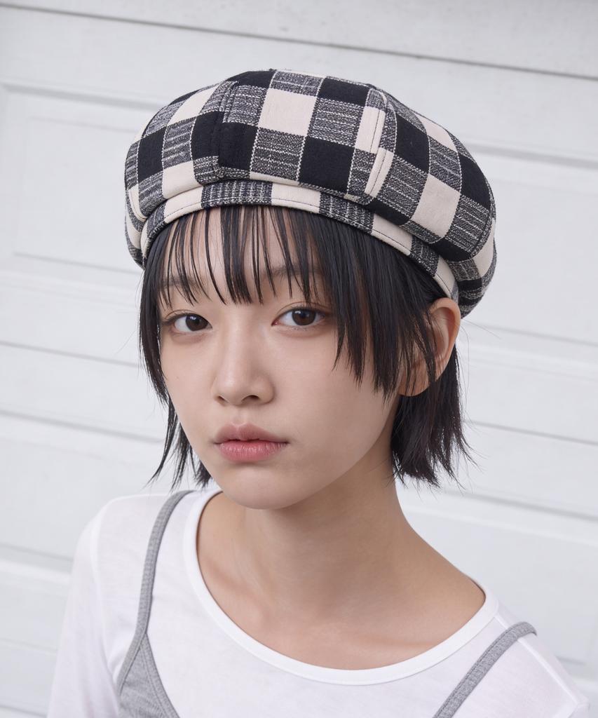 Eondeokeonteulolseutyudio Autumn Beret Bread Beret / Shade Check / Milk Navy