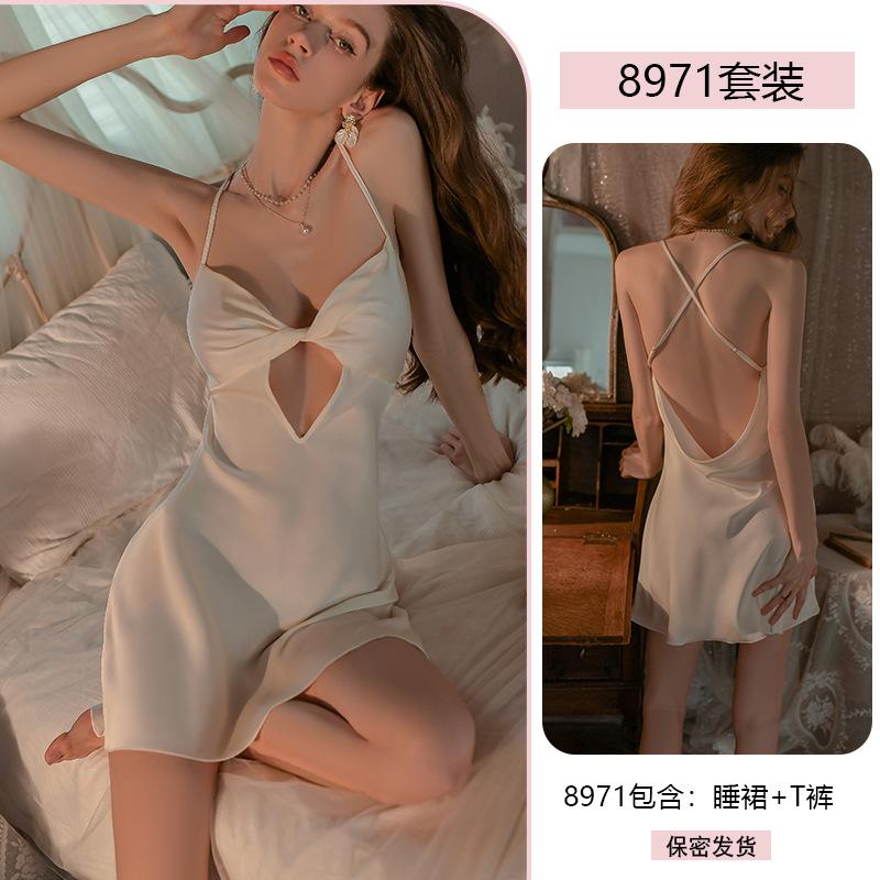 Erotic Underwear Sexy Pure Sleepiness Skirt with Chest Pad Hot Beauty Back Thin Home Wear Pajama Set 8971