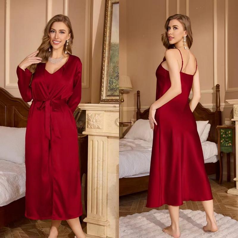 Cozy Women Pajamas Ladies Nightgowns 2pcs Satin Robes Nightdress