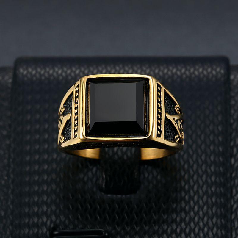 Men's Classic Retro Freemason Ring: Gold-Plated Black Agate on Titanium Steel