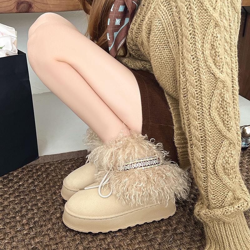 Fashion Fluffy Snow Boots Women's 2025 Autumn and Winter Retro Piled Thickened Medium Boots Warm Non-slip Thick-soled Cotton Boots