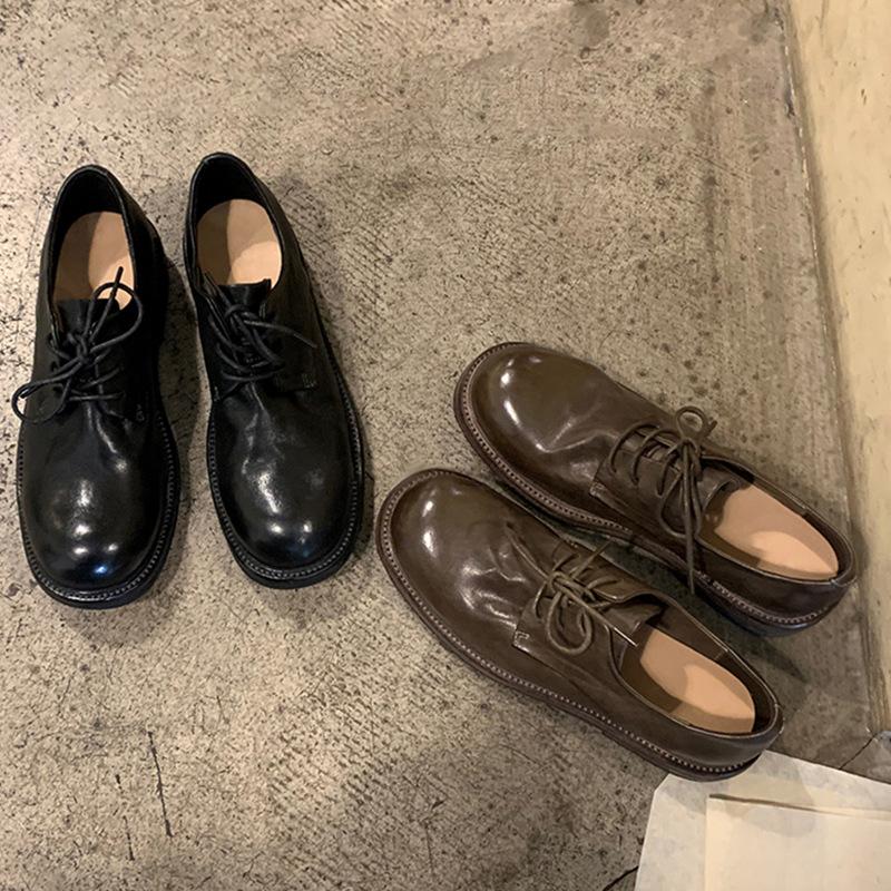 Sheepskin Version~ Leather Thick Heel Retro Pleated Small Leather Shoes Women's British Lace-up Platform Oxford Shoes Loafers Single Shoes
