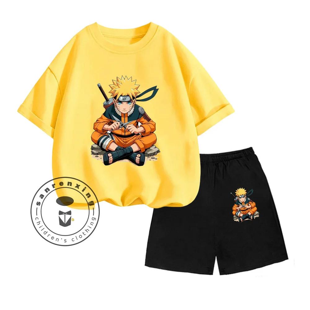 Unique NARUTO Animated Cartoon Character Vertical Print Design O-neck Skin-friendly Short Sleeve and Shorts Kids Two-piece Set