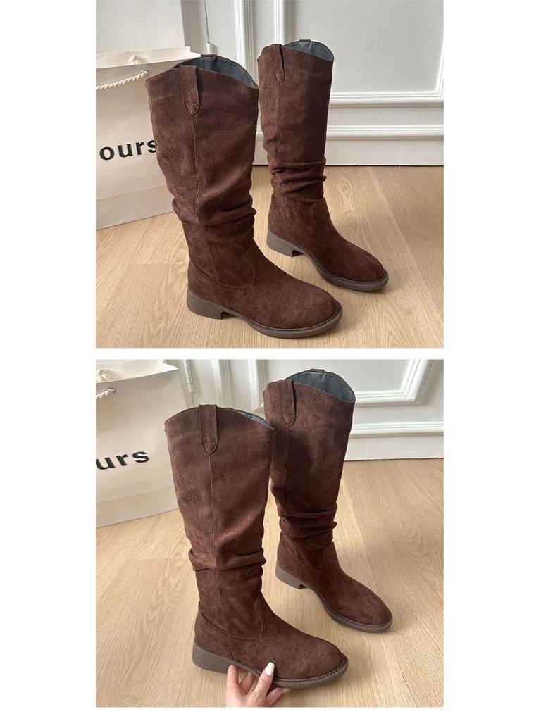 Damskor Mocka Vintage Rynkade Höga Stövelskaft - Wasteland-stil, Mångsidiga Staplade Långskaftade Stövlar för Vår och Höst 2025