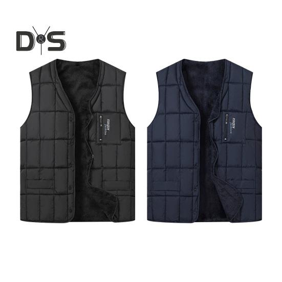 Colete masculino com decote em V, sem mangas, abotoado, colete acolchoado com bolsos com zíper, cor sólida, forro de pelúcia, jaqueta térmica espessada