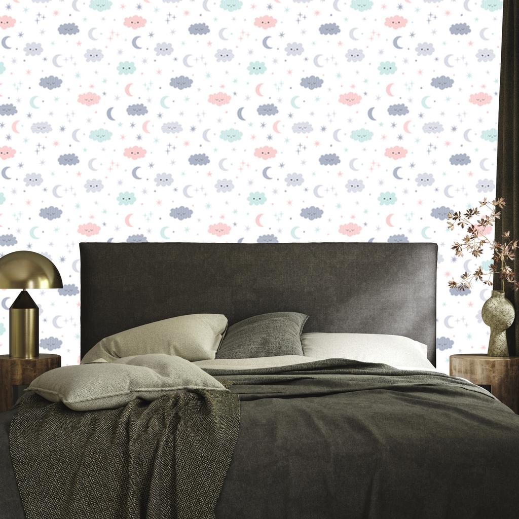Stars, moons and cheerful clouds wallpaper for living room and bedroom 50x1000