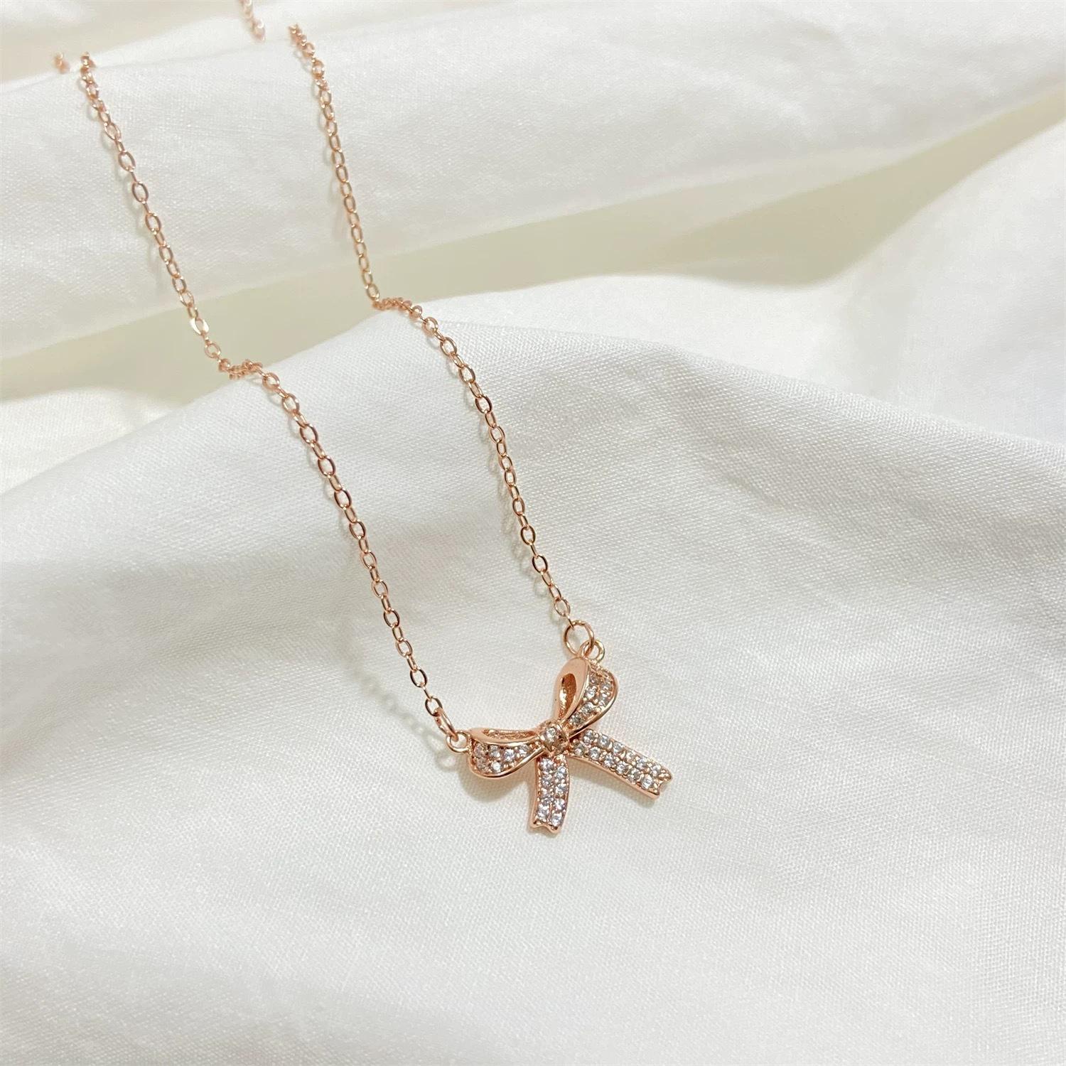S925 Sterling Silver Bow Necklace with Full Diamond, Elegant Niche Design, Cold Style Clavicle Chain for Women S925 Silver розового золота