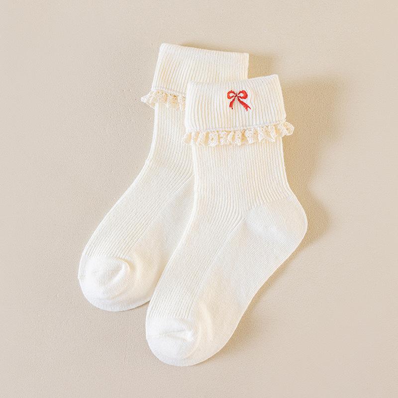 Girls' Cotton Mid-Calf Socks with Sweet Bowknot - Korean Style Lace Princess for Autumn and Spring