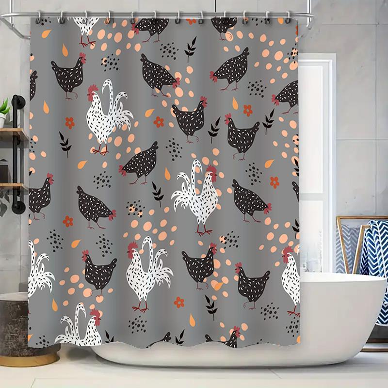 

Modern Chicken Bath Shower Curtain With Grey Background For Bathroom Decor Farmhouse Country Style Pattern Size 72 X 72 Inches ( W60H190(CM)-1 Pcs