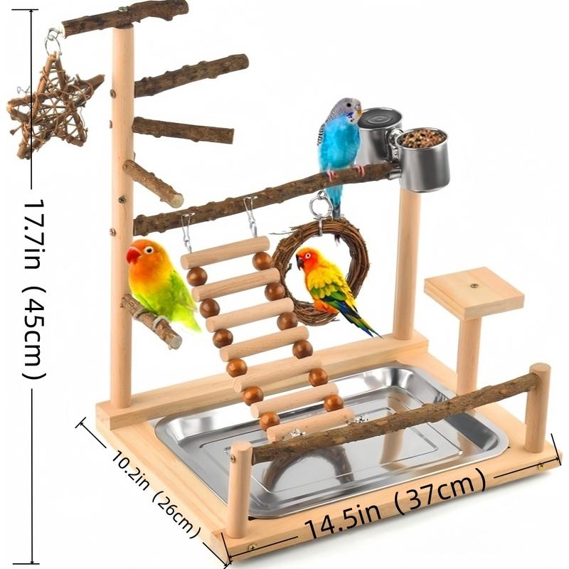 Wooden Bird Play Stand Natural Wood Parrot Playground with Ladder Swing Feeding Cup Cage Top Training Gym Perch for Parrots