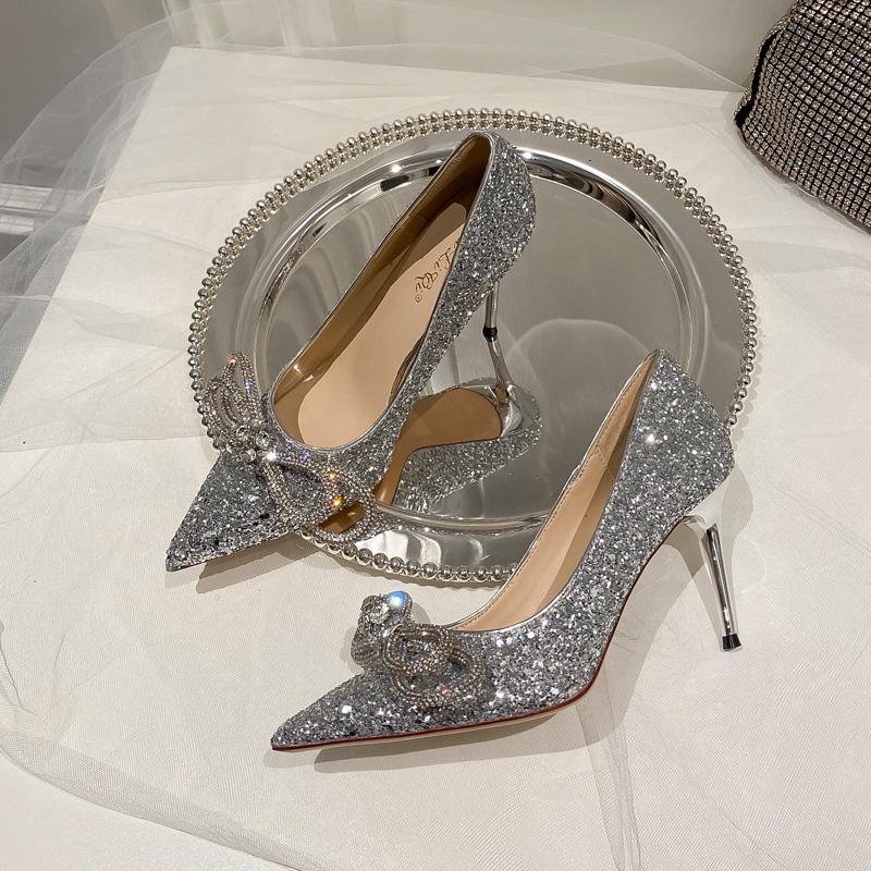 Fashion 2025 New Women'S High Heels Designed To Feel Rhinestone Skinny With Pointy Sequin Crystal Bridal Wedding Shoes Banquet