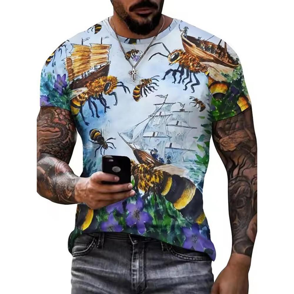 Men's Fashion Casual T-shirt -100% Polyester Fiber, Round Neck Short Sleeve, Machine Washable, Comfortable for All Seasons