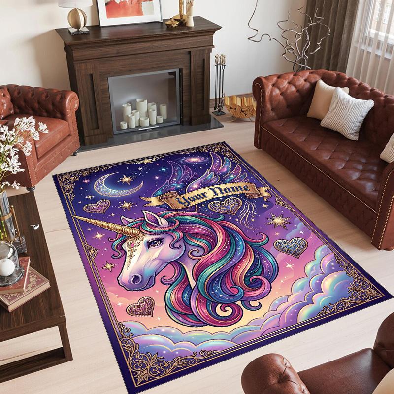 Unicorn Theme Crystal Velvet Floor Rug Personalized Custom Name Text Warm Carpet Home Decoration