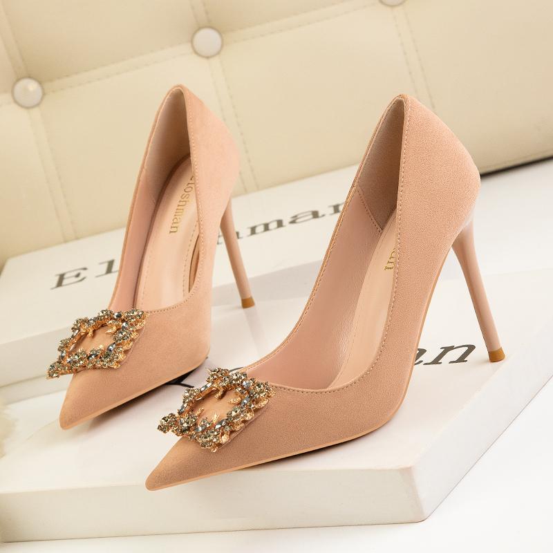 Fashion HOT High Heels Shoes Woman Basic Pumps Nude Flock Cloth Shiny Diamond Buckle Shallow Work Shoe Fashion Sexy Women Shoes Pumps