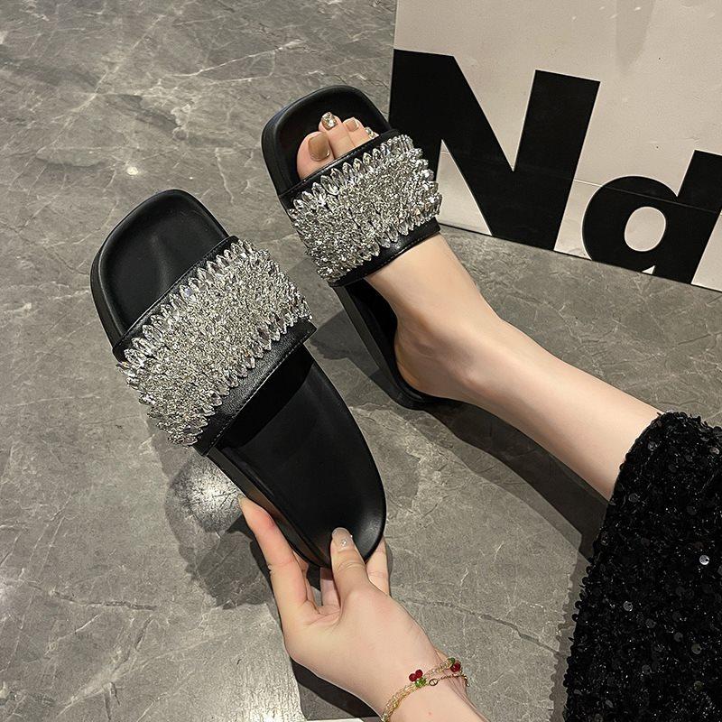 

Cool Slippers Women S Summer Fashion Outer Wear Casual Open-Toed Sandals Flat Bottom One-Word Buckle With Rhinestones 40 чорний
