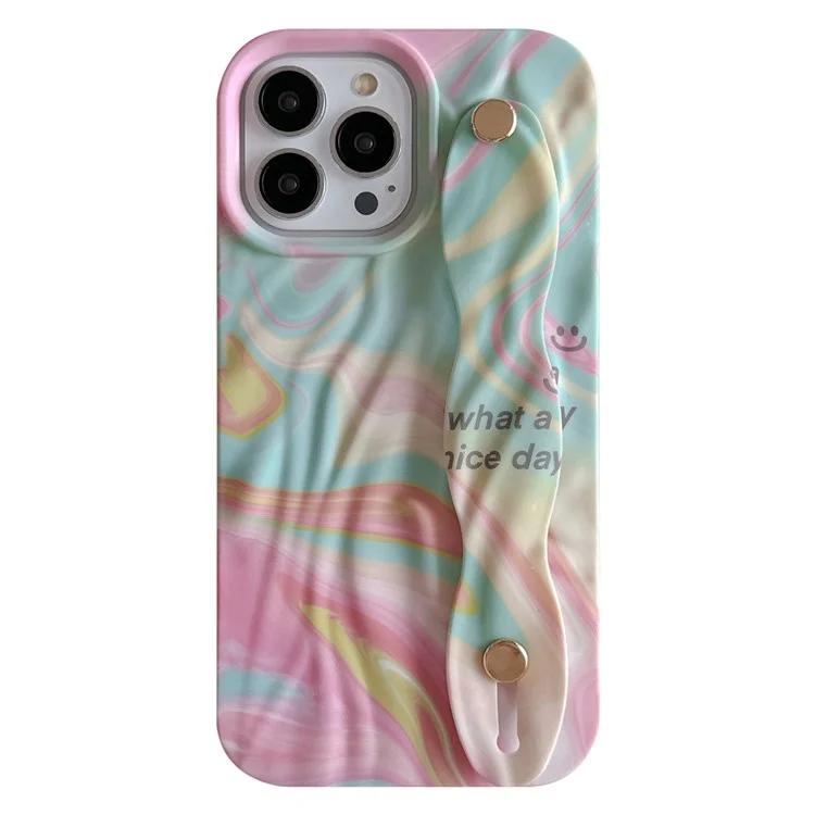 

For iPhone 15 Pro TPU Case Water Transfer Printing Wristband Kickstand Wrinkled Phone Cover - 13