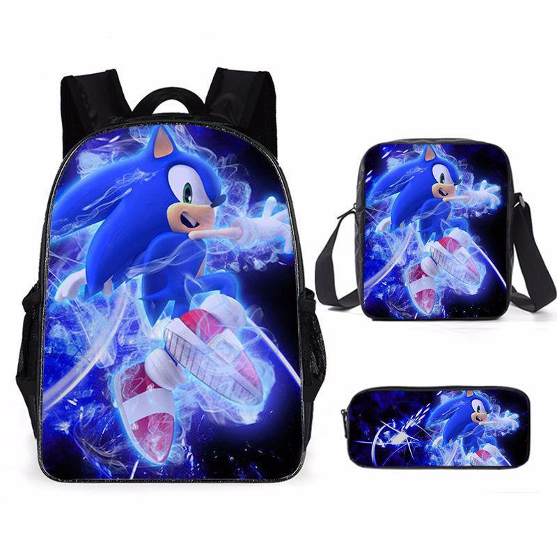 Cartoon Sonic Backpack, Primary And Secondary School Schoolbag, Messenger Bag, Pencil Case Three-Piece Set