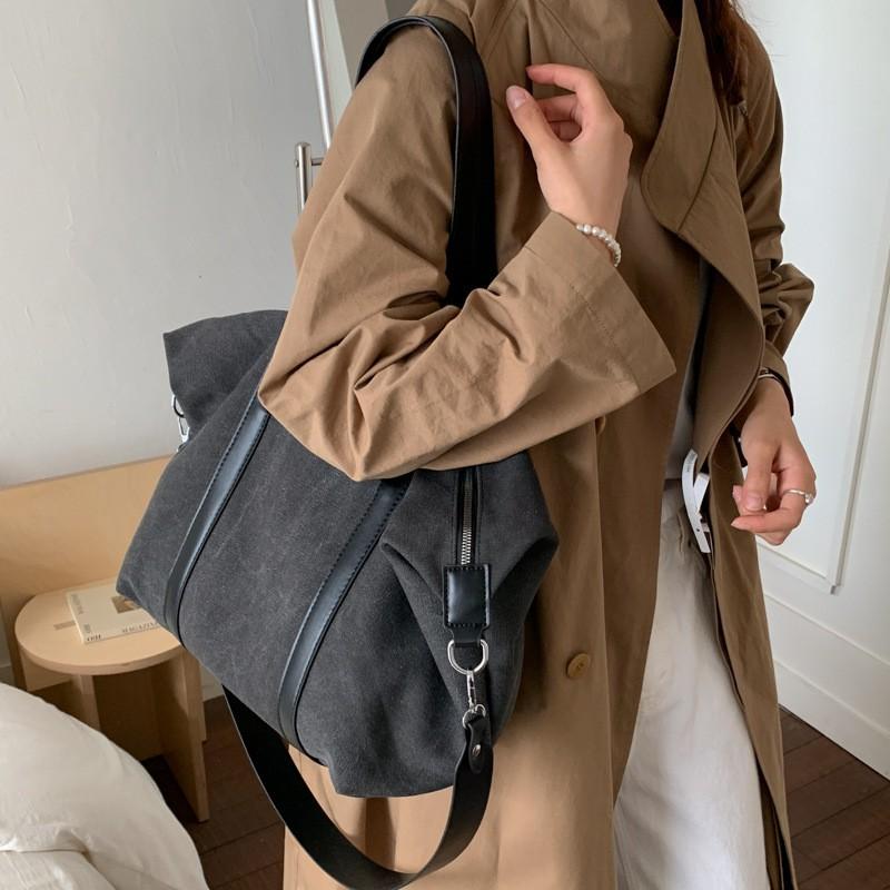 Large Capacity Canvas Tote Bag Women Spacious Crossbody Shoulder With Zip Street Style Daily Commute Travel