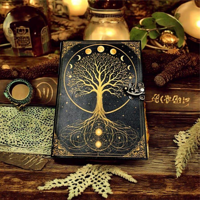 

Golden Tree Leather Notebook | Vintage Journal with Lock | Handmade Deckle Paper Diary 7 x 5 inch / 100 page