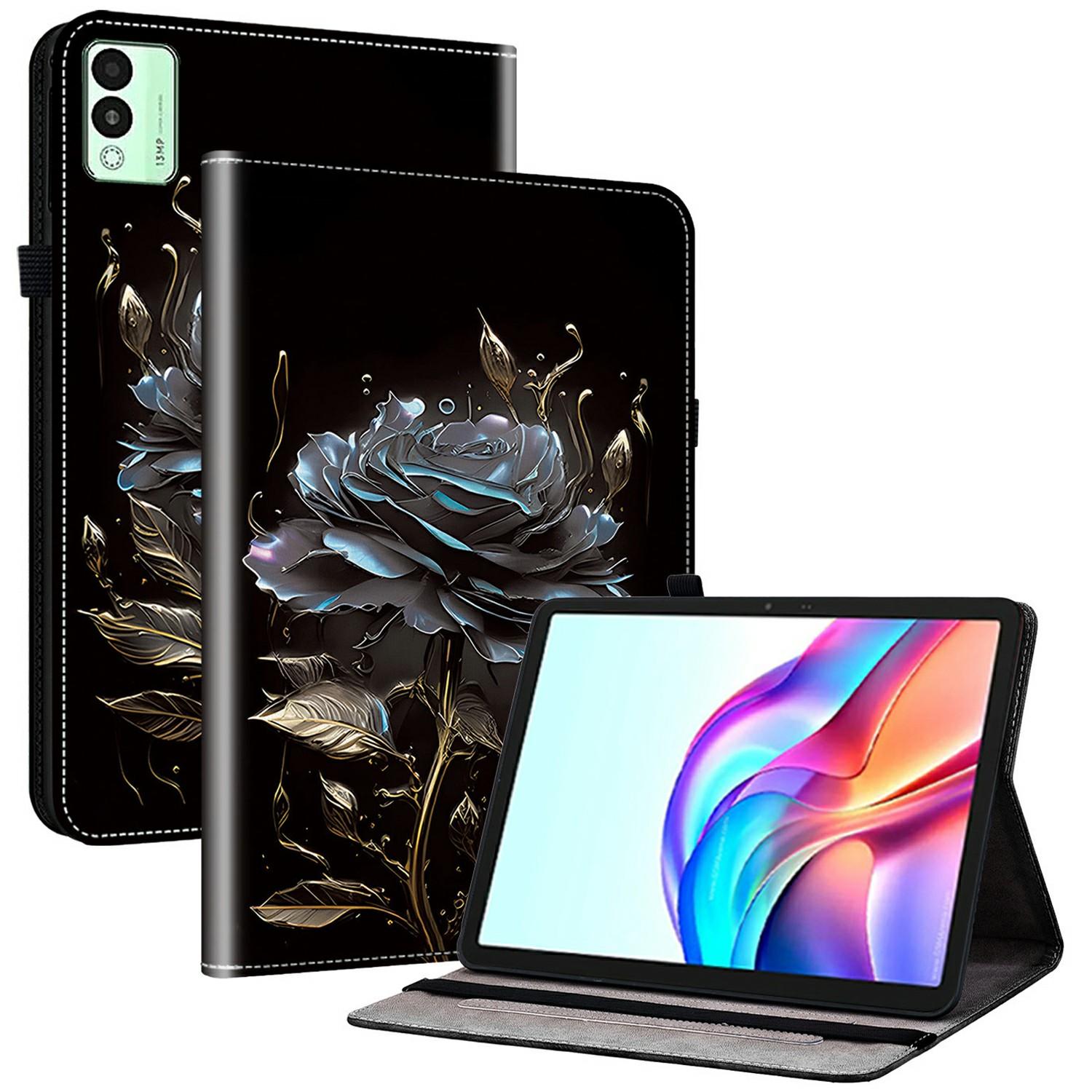 

Для TECNO Megapad 11 Шкіряний чохол з принтом, підставка, чохол для планшета з відділеннями для карток Black Rose