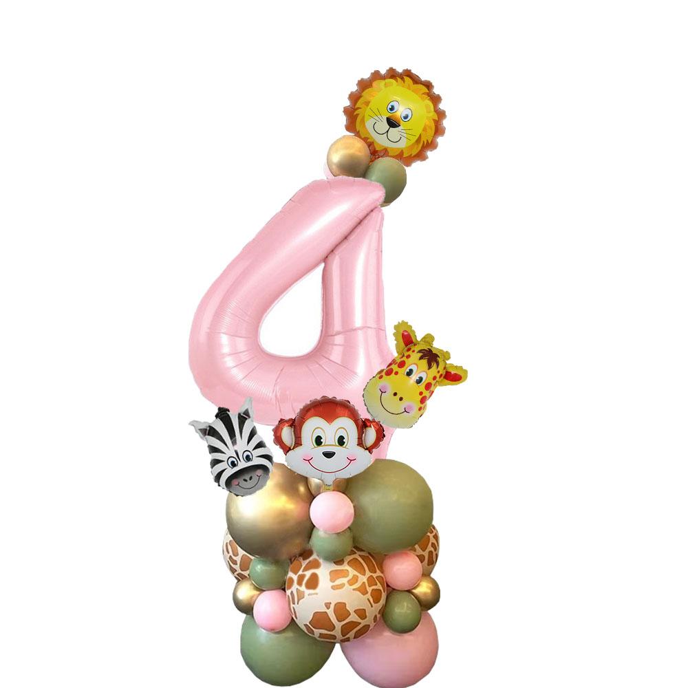 1set Carton Animal Balloon Tower with Pink Number Balloon for Girl's Wild One Themed Jungle Safari Birthday Party Decorations