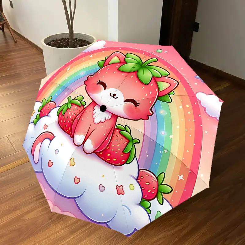 1PC Strawberry Cat Automatic Open/Close Umbrella with Windproof, 8-Rib Sturdy Canopy, Durable Ribs, Fashionable Design1399A