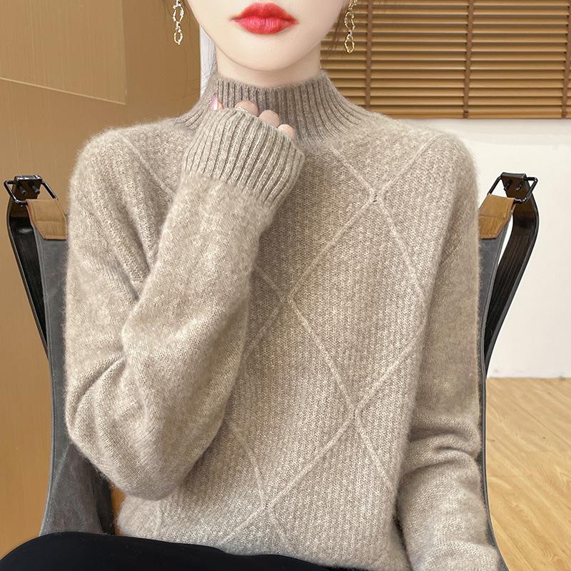 

Новый женский шерстяной свитер в ленивом стиле - Осень/Зима, Толстая теплая вязка, Полувысокий воротник, Свободный крой. M for 100-110 jin