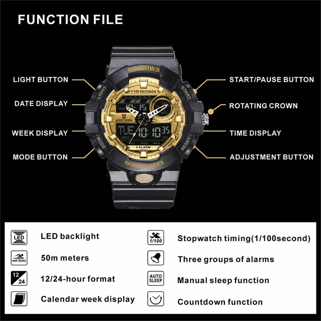 PINDOWS Military Outdoor Sports Electronic Watch with Date LED Alarm and 50m Water Resistant Display Men's Watch, Function, Stopwatch, Analog-Digital