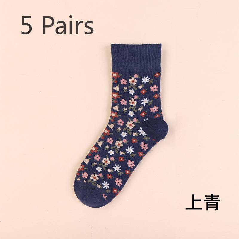 5 Pairs Autumn and Winter Vintage Small Floral Ladies Mid-tube Mori Department College Socks Mid-tube Socks