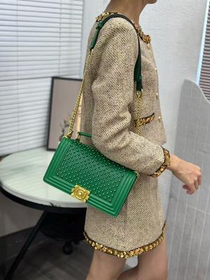 Pearl-Embellished Crossbody Bag with Half-Round Buckle and Chain Strap