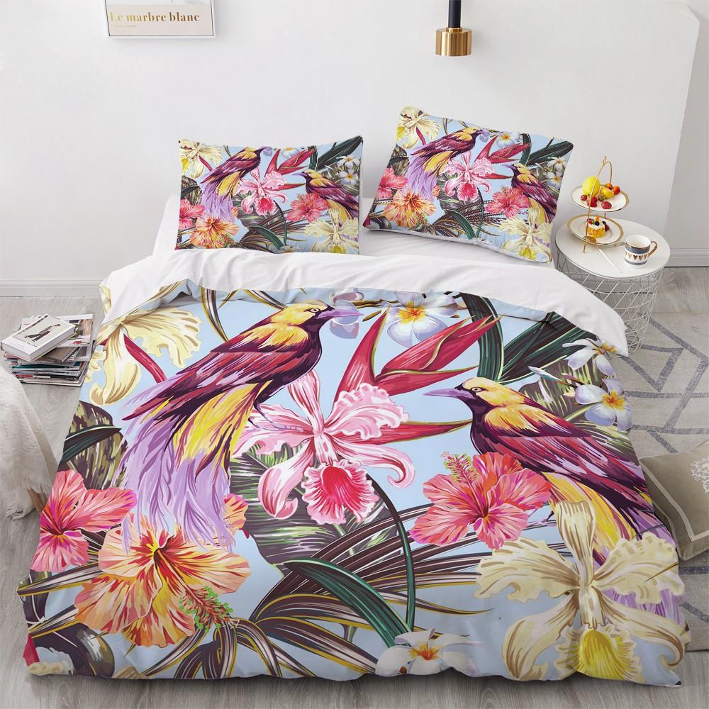 Flower Bird King Queen Duvet Cover Colorful Tropical Floral Bedding Set For Women Watercolor Plant 2/3pcs Polyester Quilt Cover