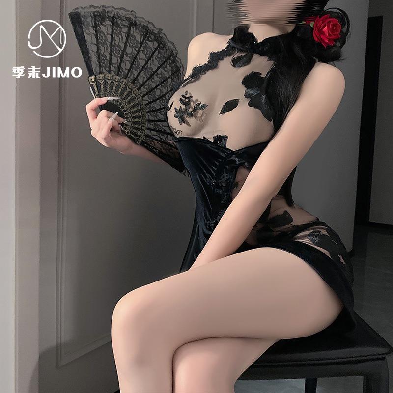 Sex underwear retro lace embroidery perspective velvet hip-wrapped cheongsam skirt pure temptation