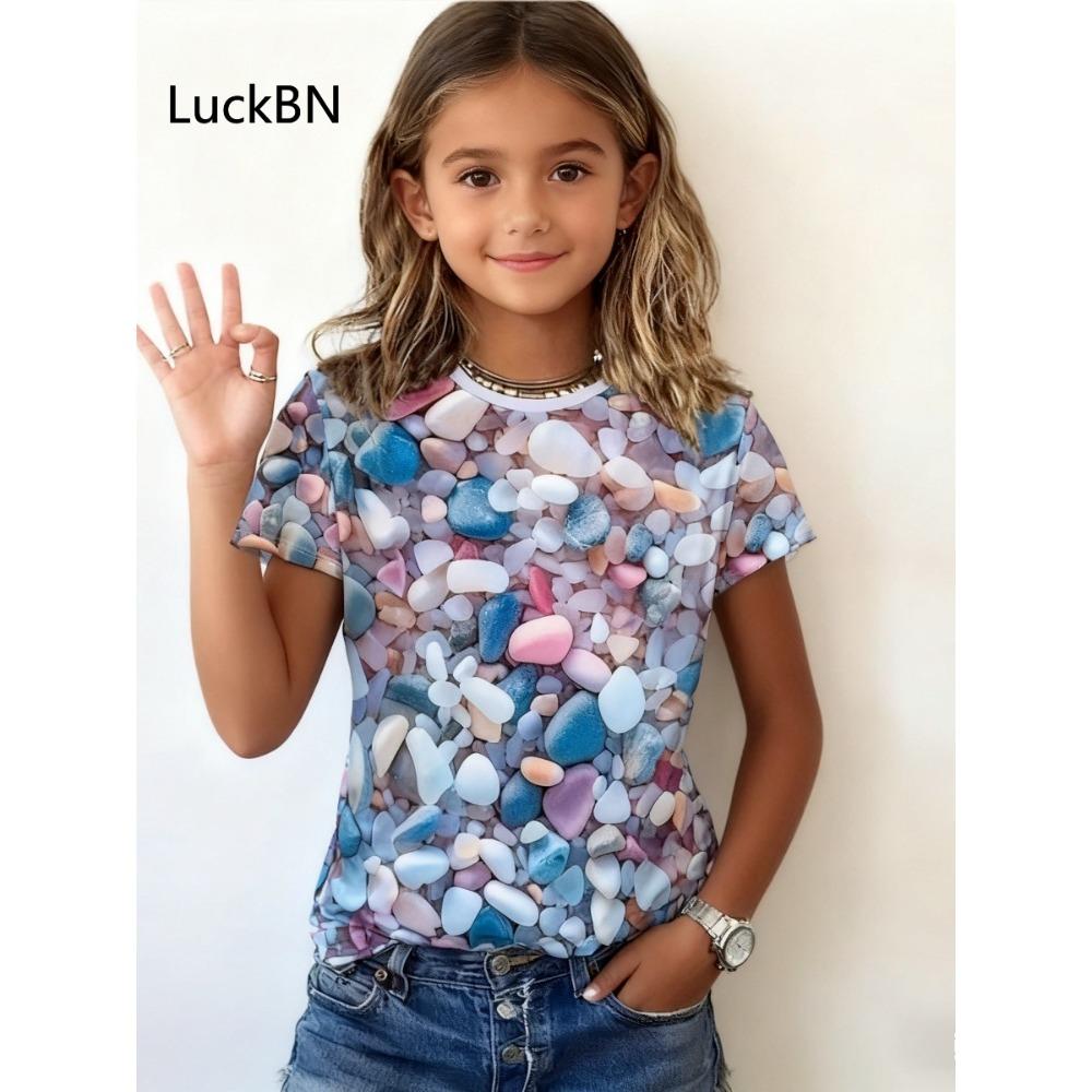Kinder 3D-Druck Wassertropfen Regenbogenfarben T-Shirts Mädchen Herz Steine Mode Weiche Bequeme T-Shirts Kinder Top