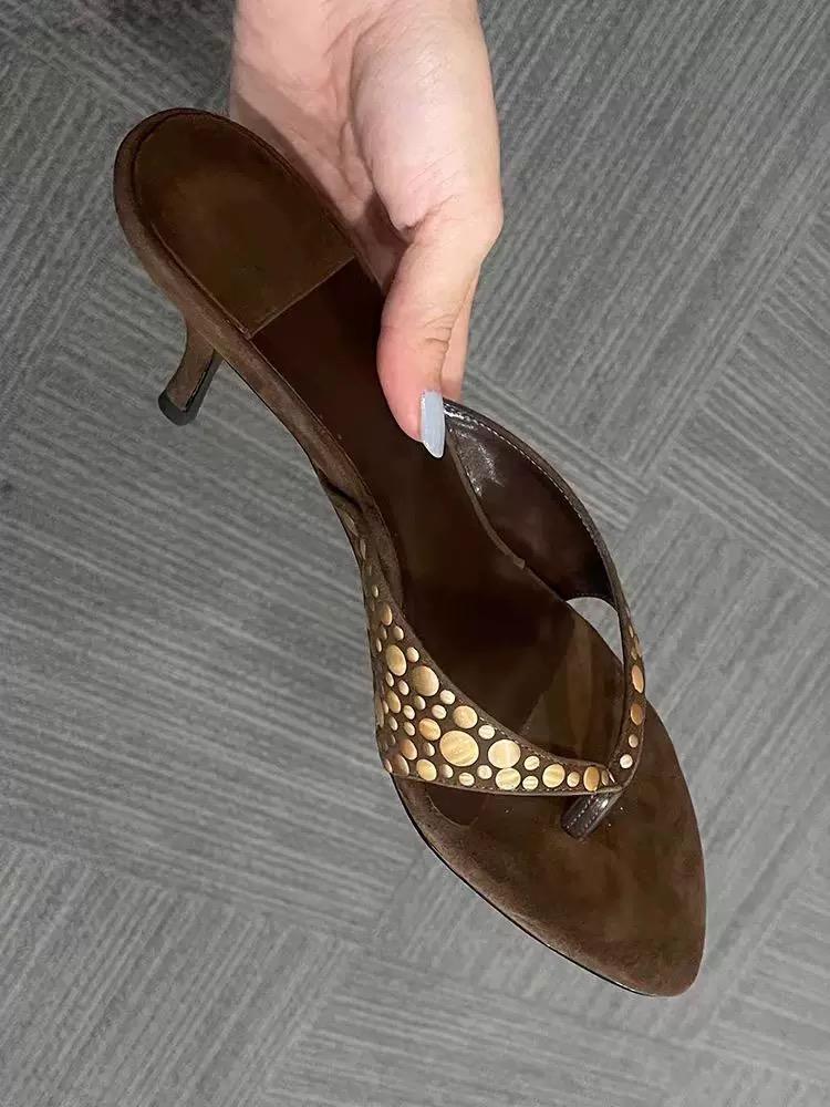Fashion New Black Rivets Studded High Heel Sandalen Women Summer Flip Flop Sandals Sexy Thin Heels Shoes Designer Slippers