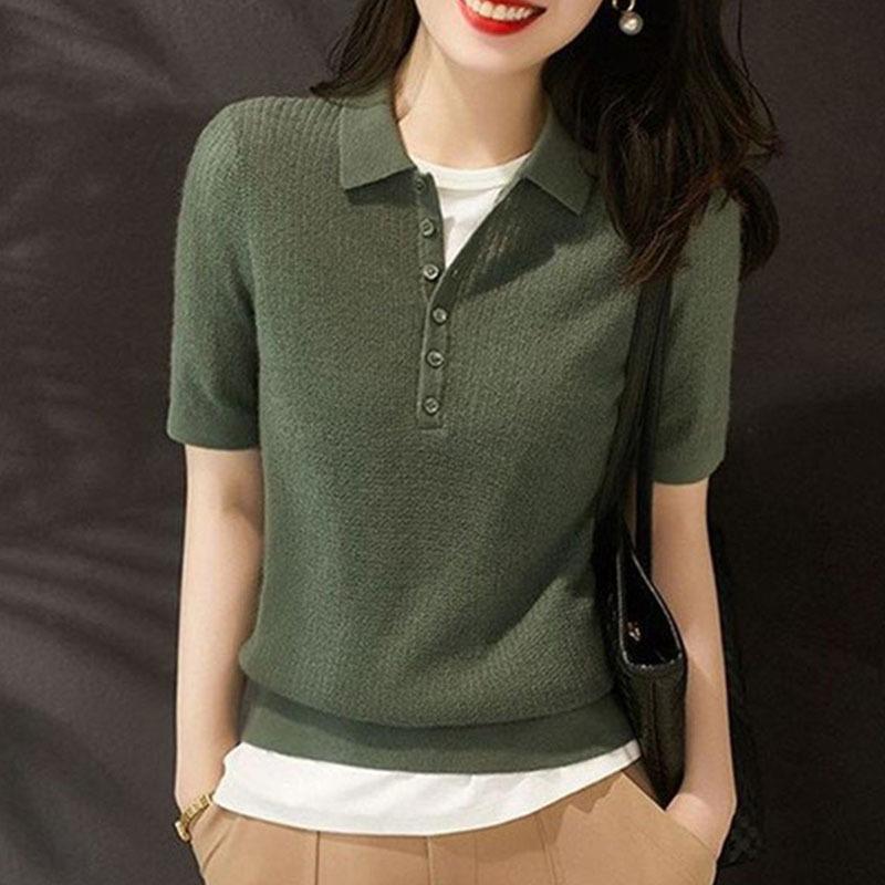 Women's Ice Silk Short Sleeved T-shirt Summer Thin Polo Collar Knitted Top