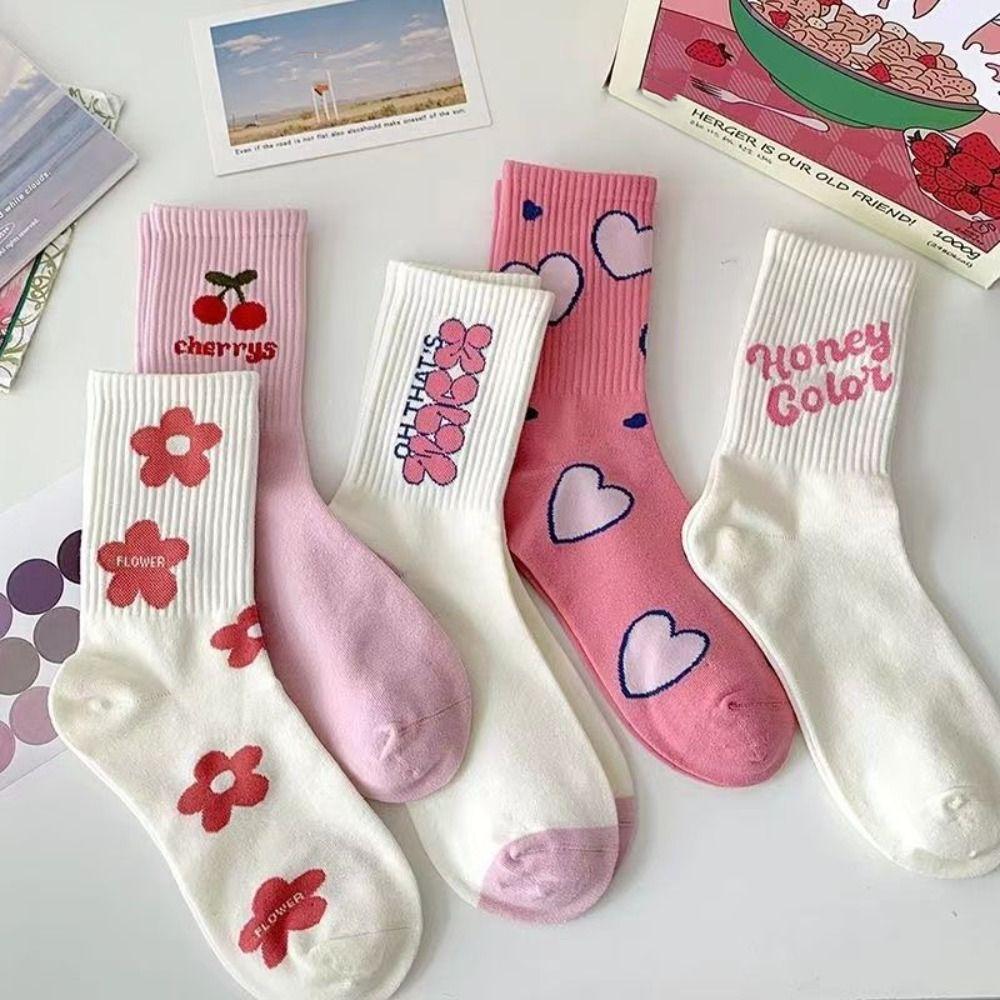 

5Pairs Heart Flower Cotton Socks Stripe Cherry Socks Women Fashion Mid Tube Socks Girl