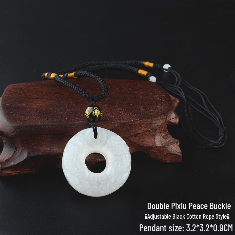 Blue Jade Pendant Necklace with White Jade Pixiu for Men & Women, Sweater Chain Cotton Linen Gift